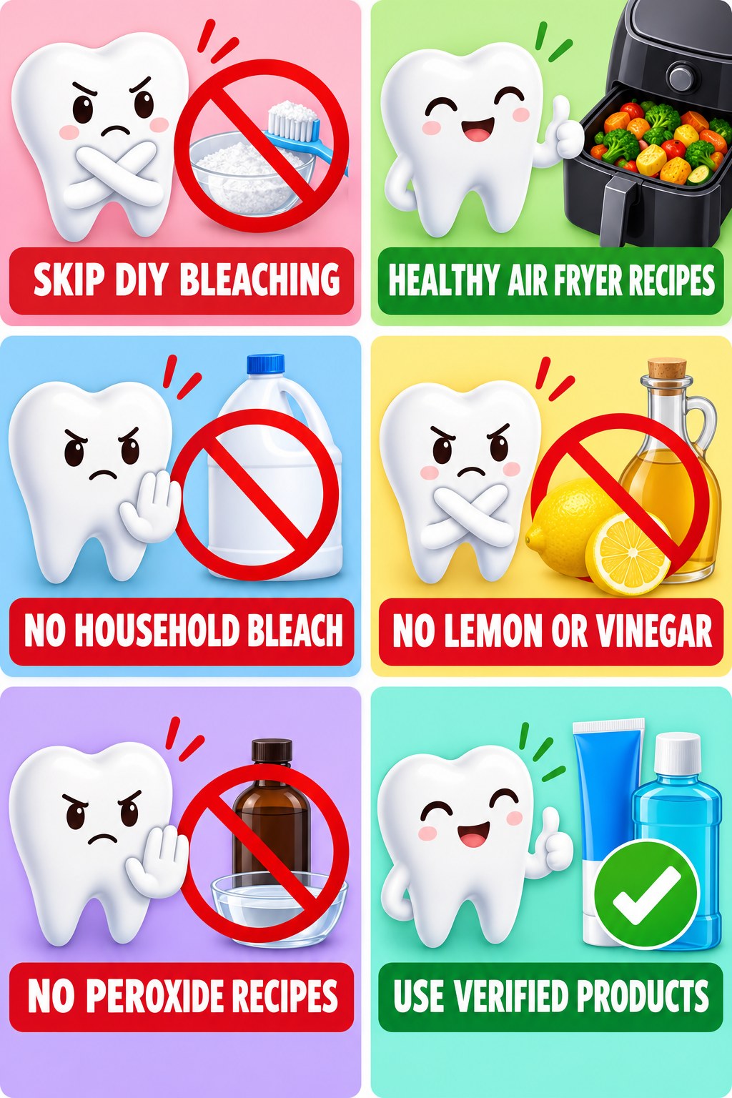 Skip DIY Acid and Bleach Whitening infographic for Healthy Air Fryer Recipes with four concise whitening-sensitivity safety points.