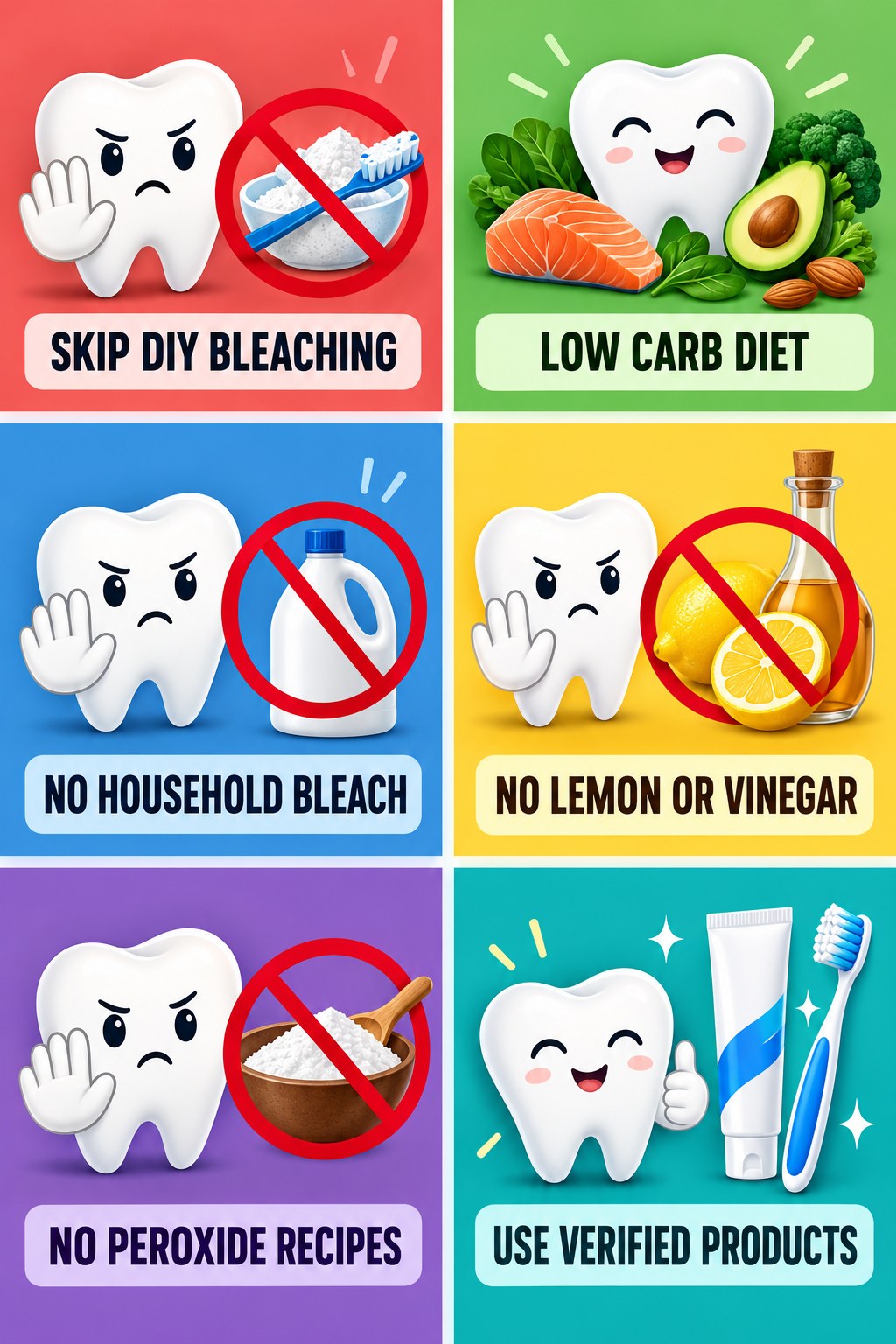 Skip DIY Acid and Bleach Whitening infographic for Low Carb Diet with four concise whitening-sensitivity safety points.