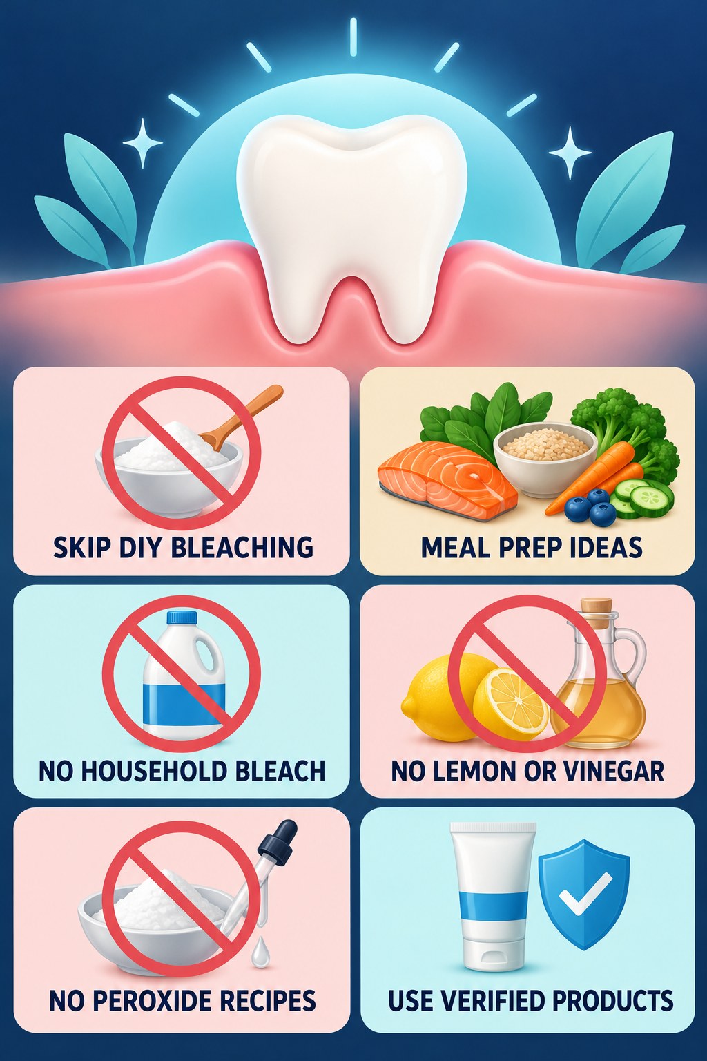 Skip DIY Acid and Bleach Whitening infographic for Meal Prep Ideas with four concise whitening-sensitivity safety points.