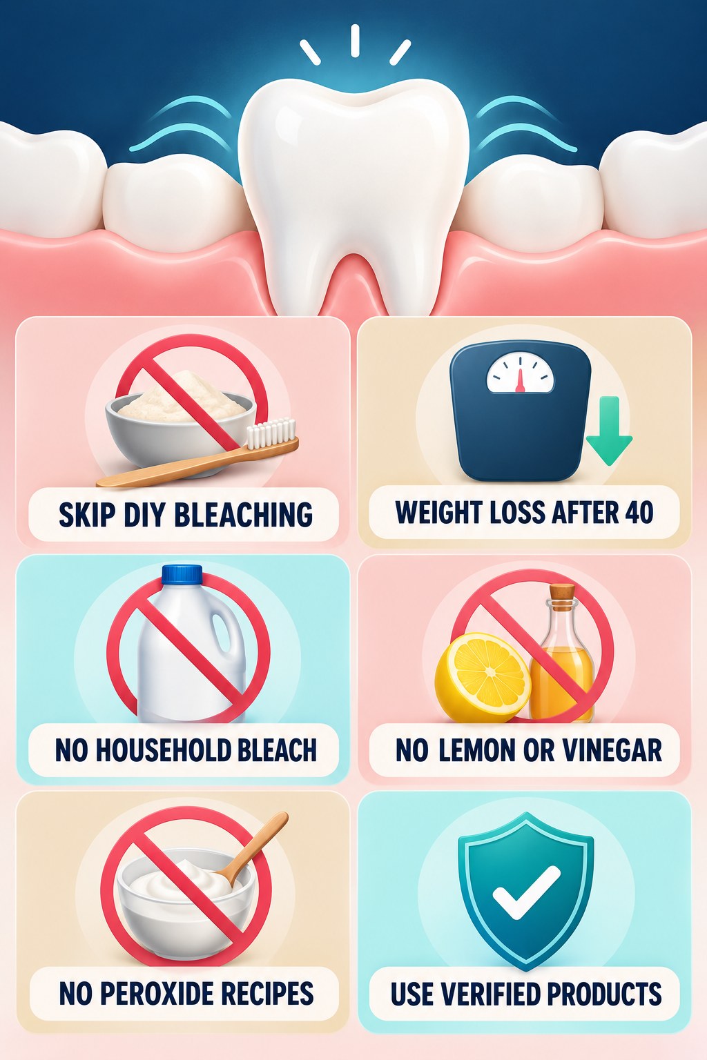 Skip DIY Acid and Bleach Whitening infographic for Weight Loss After 40 with four concise whitening-sensitivity safety points.