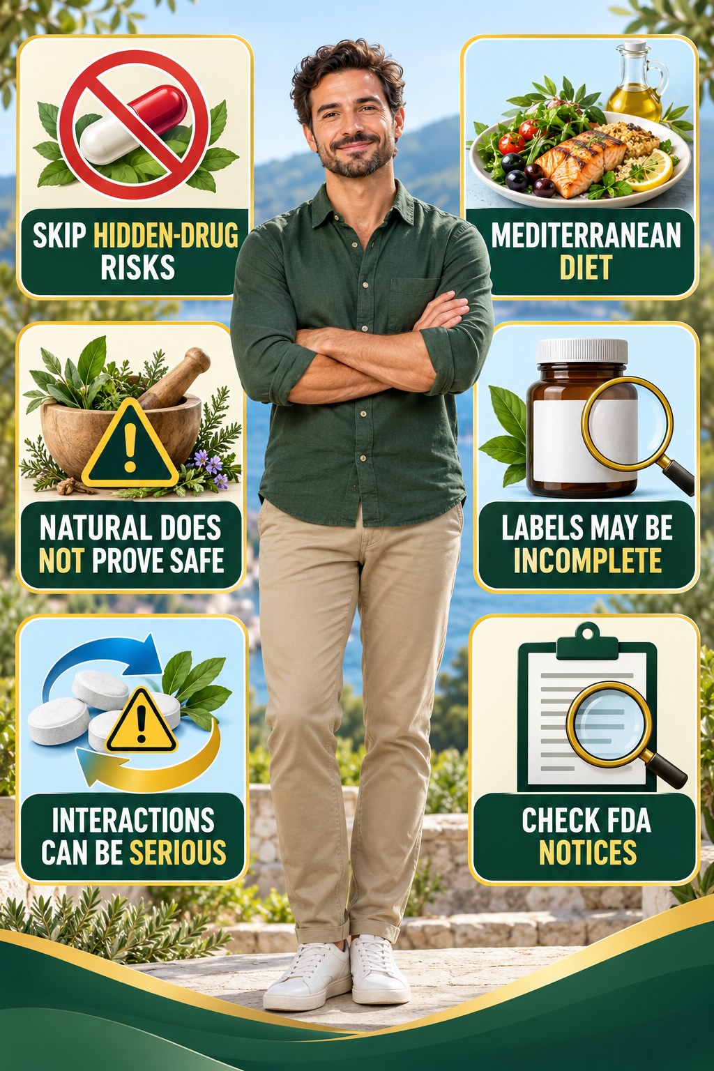 Skip Unregulated Sexual Enhancement Products infographic for Mediterranean Diet with four concise, non-shaming sexual-health education points.