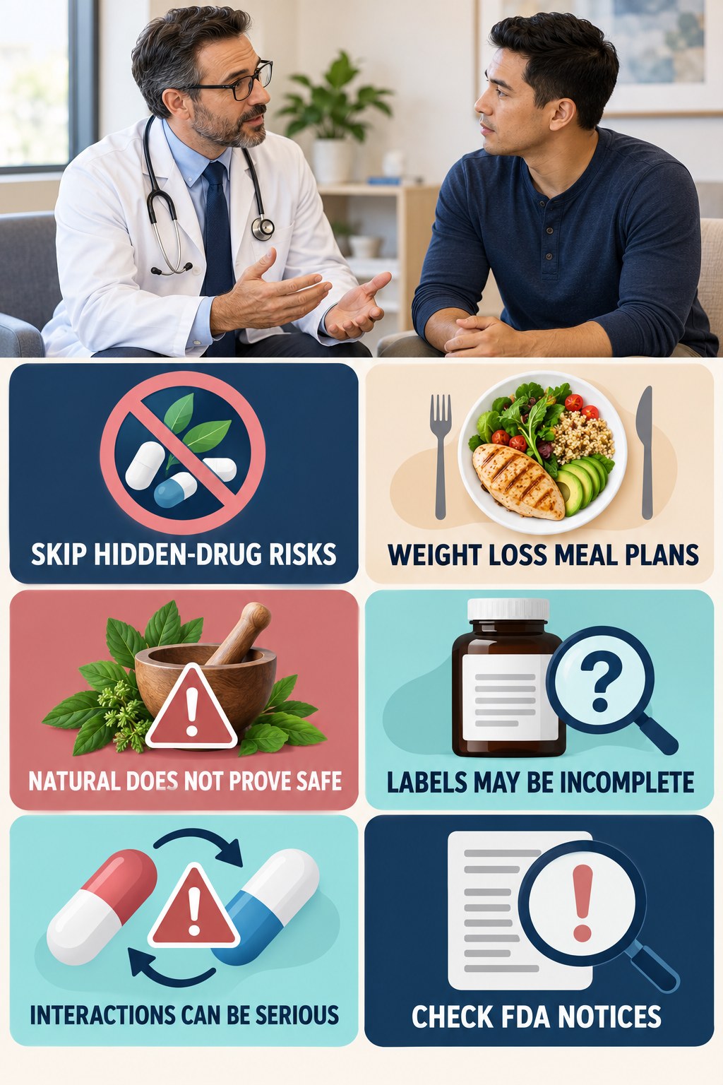 Skip Unregulated Sexual Enhancement Products infographic for Weight Loss Meal Plans with four concise, non-shaming sexual-health education points.