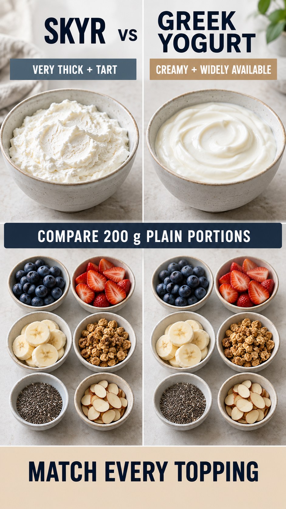 Plain skyr and Greek yogurt in equal 200 g breakfast bowls with identical fruit toppings beside them.
