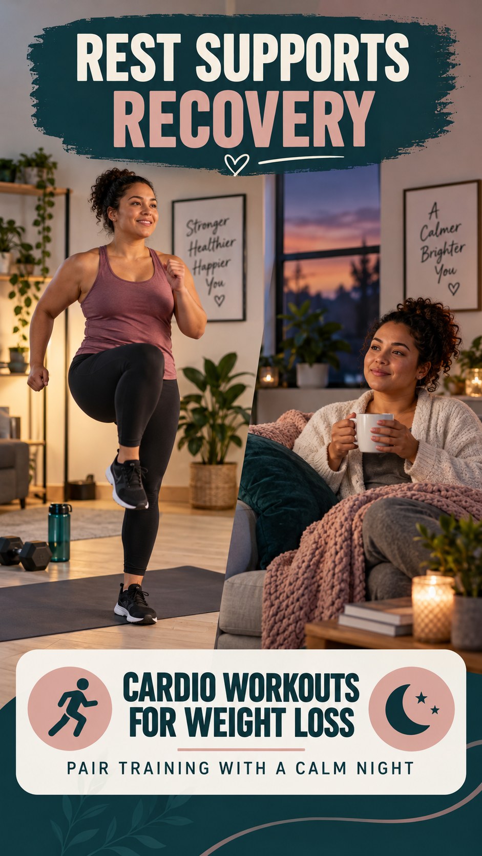 Sleep and Fitness Recovery infographic for Cardio Workouts for Weight Loss, showing a flexible and calming evening wellness routine.