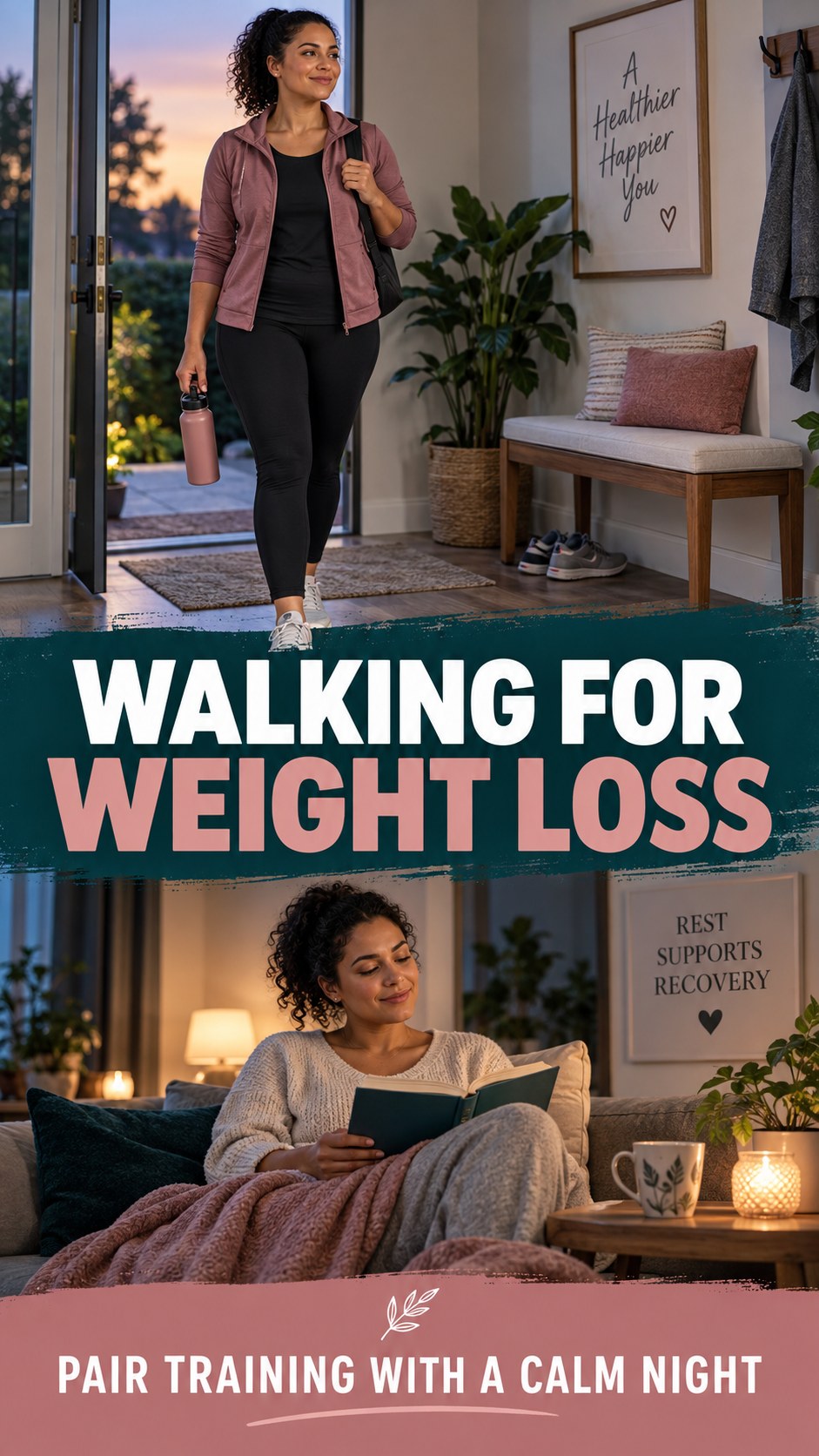 Sleep and Fitness Recovery infographic for Walking for Weight Loss, showing a flexible and calming evening wellness routine.