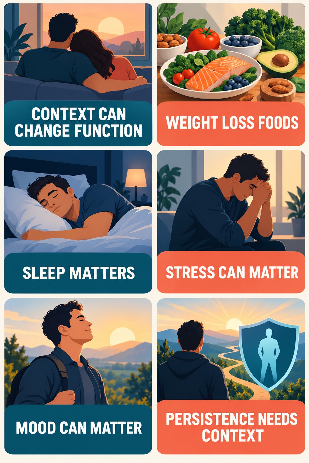 Sleep and Stress Can Shape Sexual Wellbeing infographic for Weight Loss Foods with four concise, non-shaming sexual-health education points.