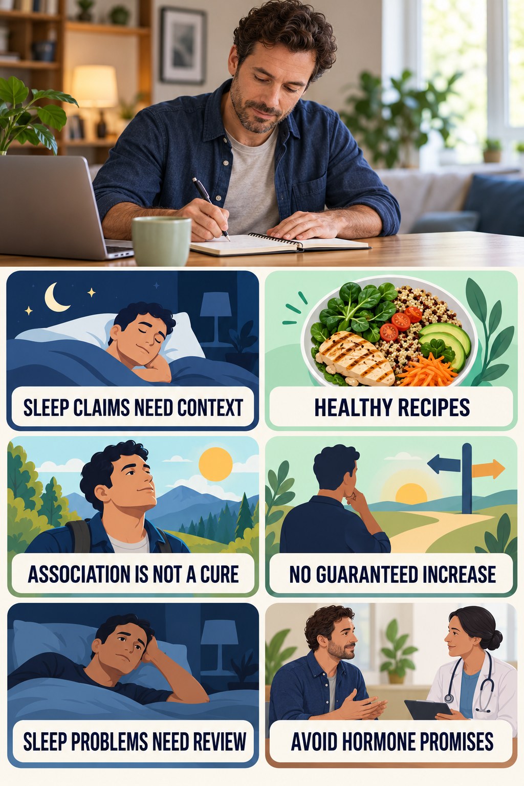 Sleep and Testosterone Need Careful Context testosterone-health-awareness infographic for Healthy Recipes with four concise educational checks.