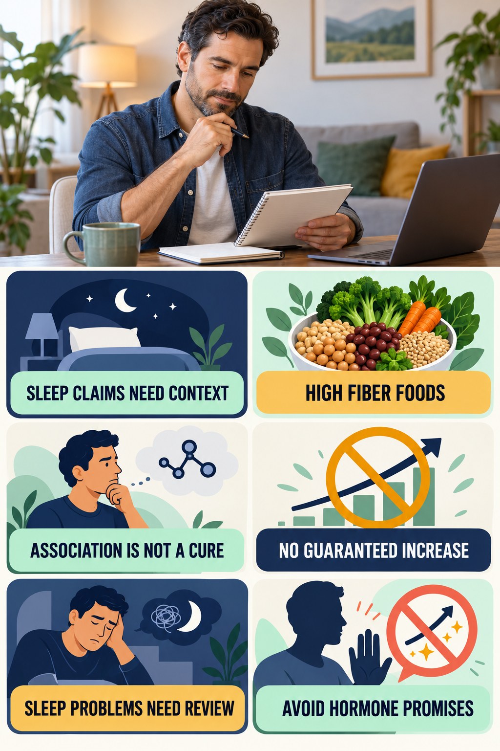 Sleep and Testosterone Need Careful Context testosterone-health-awareness infographic for High Fiber Foods with four concise educational checks.