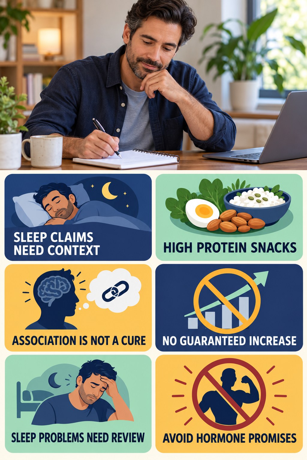 Sleep and Testosterone Need Careful Context testosterone-health-awareness infographic for High Protein Snacks with four concise educational checks.