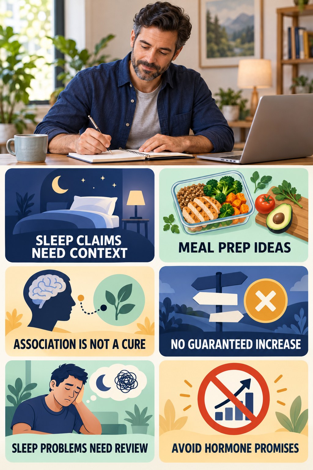 Sleep and Testosterone Need Careful Context testosterone-health-awareness infographic for Meal Prep Ideas with four concise educational checks.