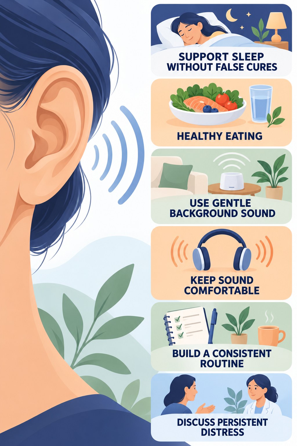 Sleep and Tinnitus Coping infographic for Healthy Eating with four concise tinnitus-awareness points.