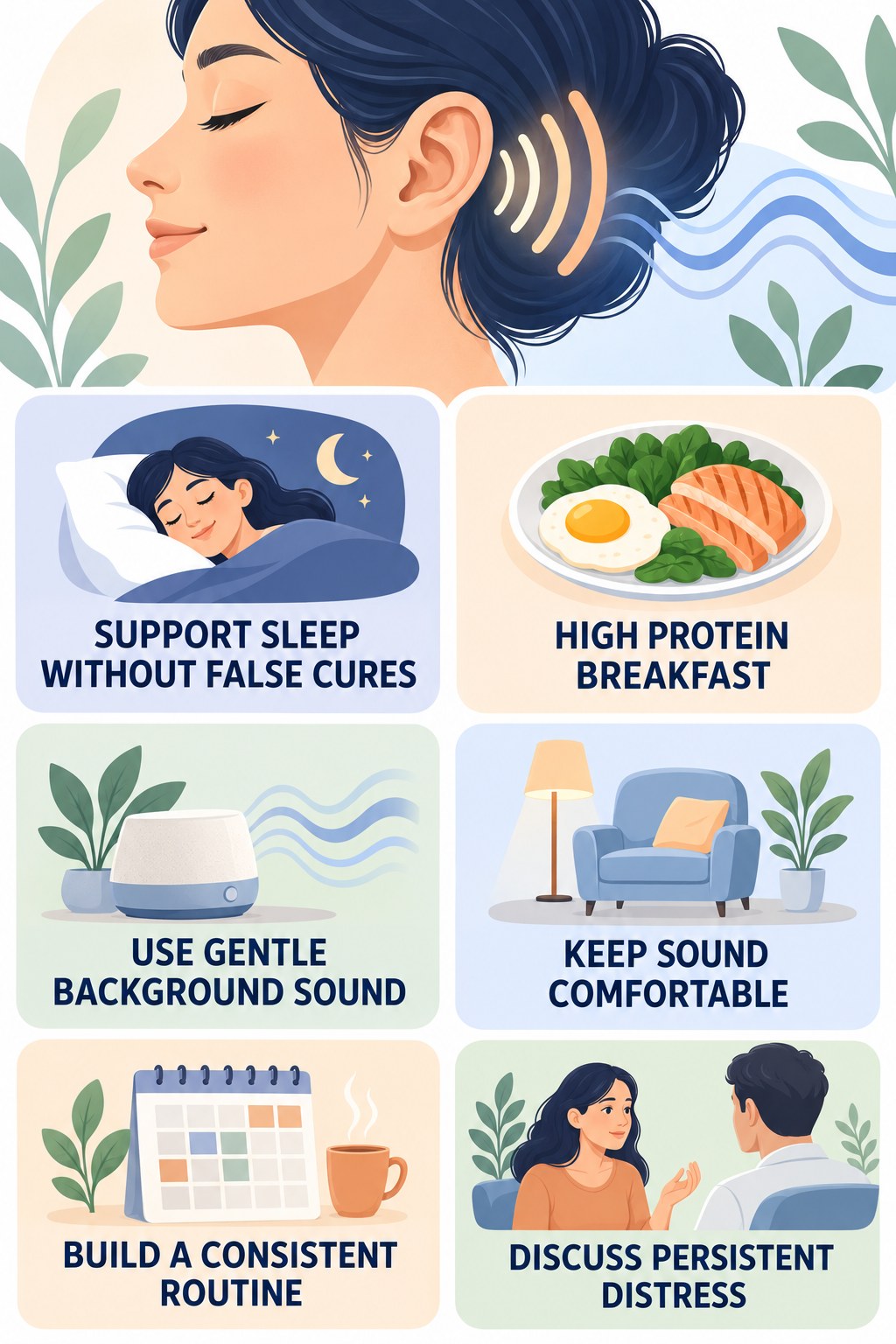 Sleep and Tinnitus Coping infographic for High Protein Breakfast with four concise tinnitus-awareness points.