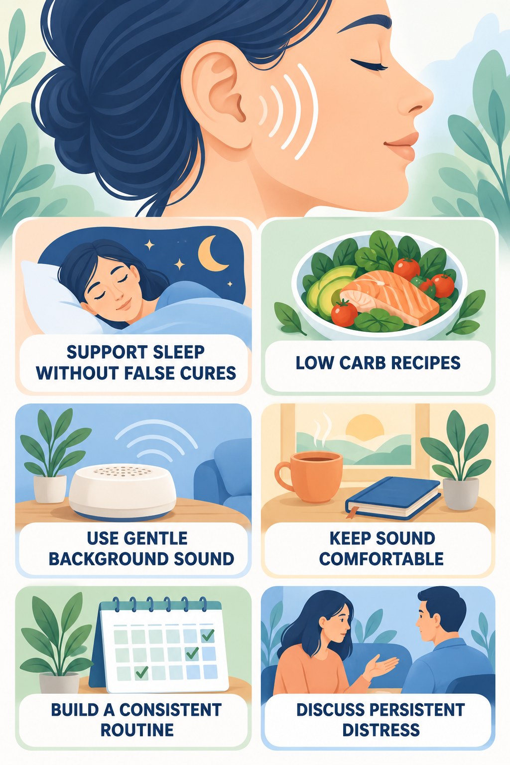 Sleep and Tinnitus Coping infographic for Low Carb Recipes with four concise tinnitus-awareness points.