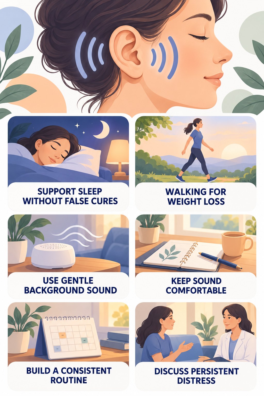 Sleep and Tinnitus Coping infographic for Walking for Weight Loss with four concise tinnitus-awareness points.