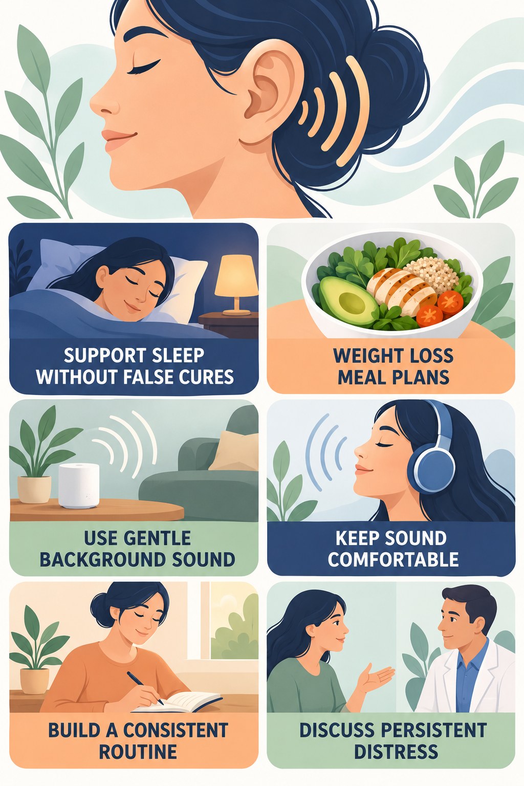 Sleep and Tinnitus Coping infographic for Weight Loss Meal Plans with four concise tinnitus-awareness points.