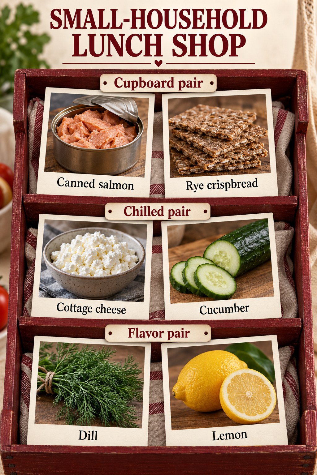 Ivory and oxblood market-crate cards listing canned salmon, rye crispbread, cottage cheese, cucumber, dill and lemon.