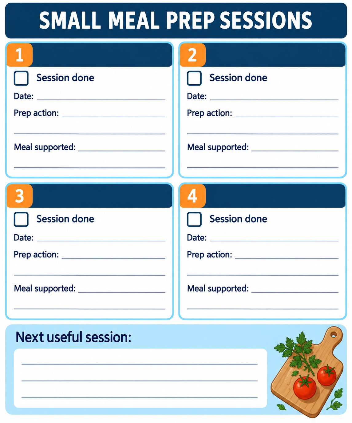 Four blank meal prep session cards with date, action, meal supported, and next session fields.