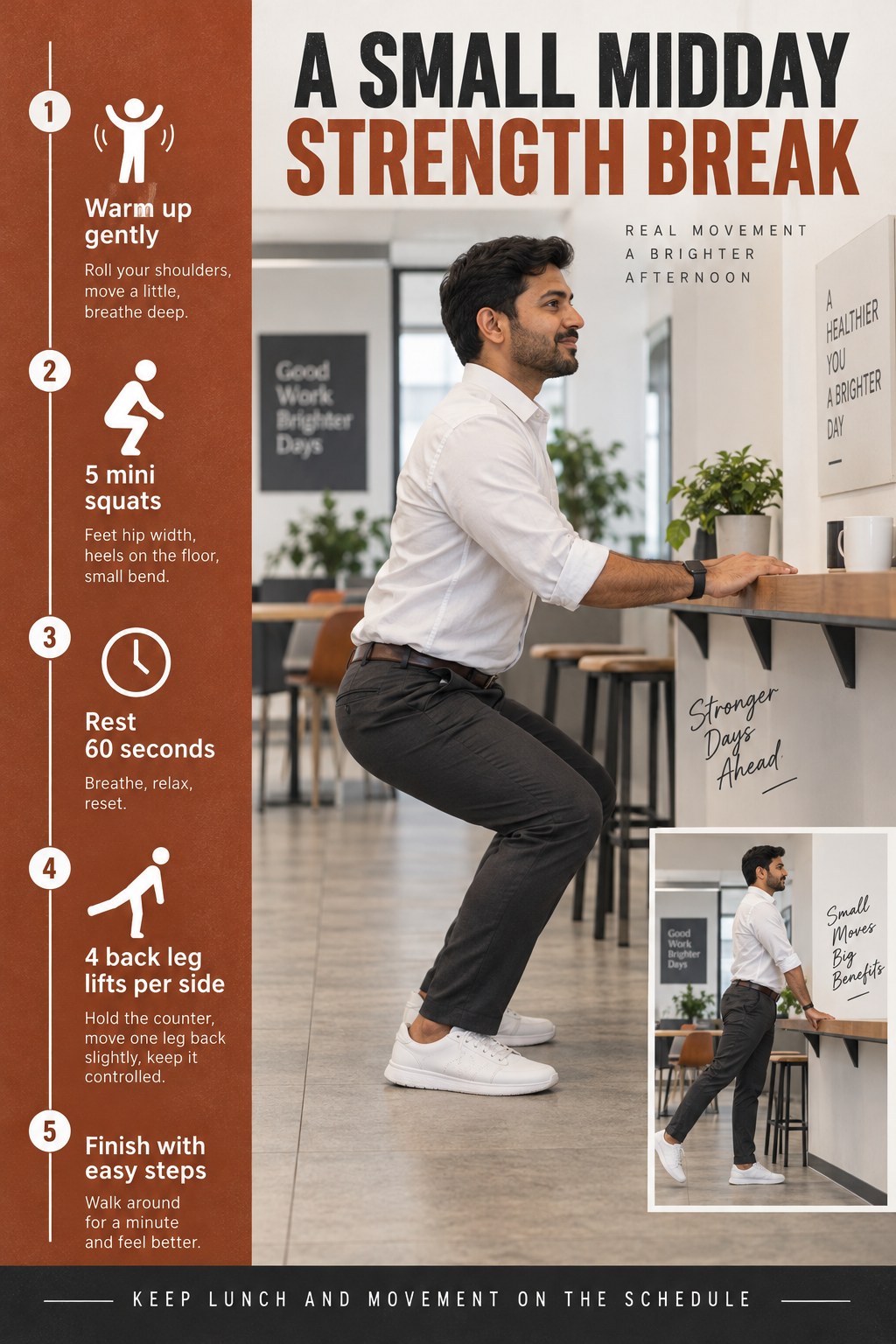 A man uses a fixed counter for mini squats and back leg lifts beside a five-step midday exercise timeline.