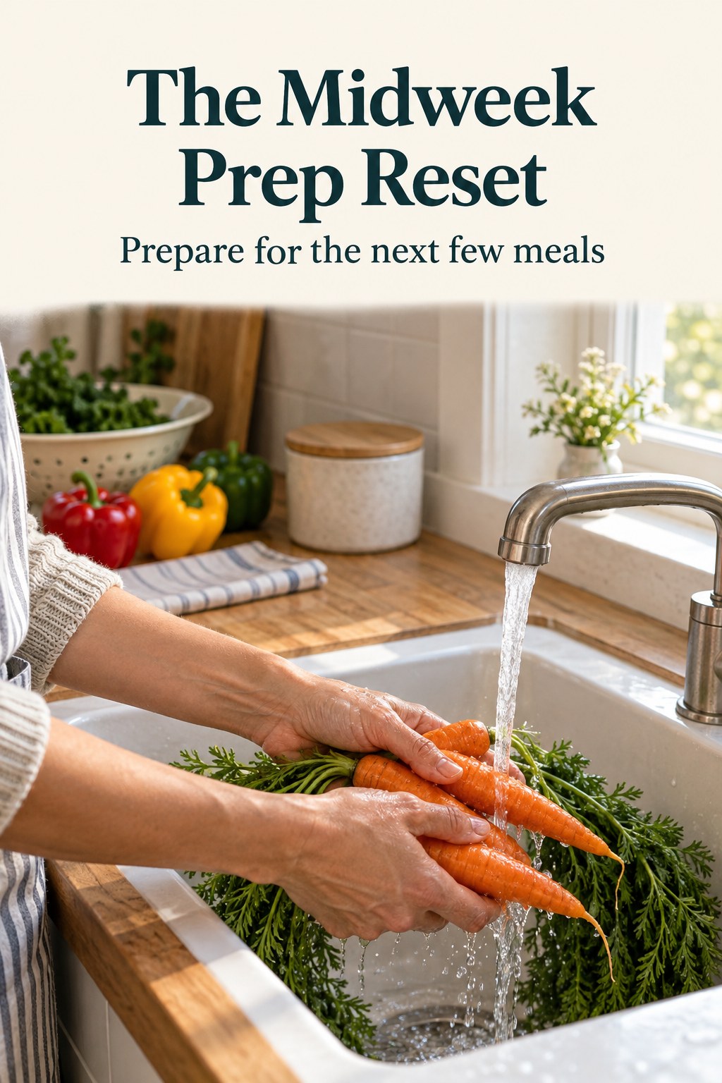 Person's hands washing vegetables at a kitchen sink with a small meal container nearby.