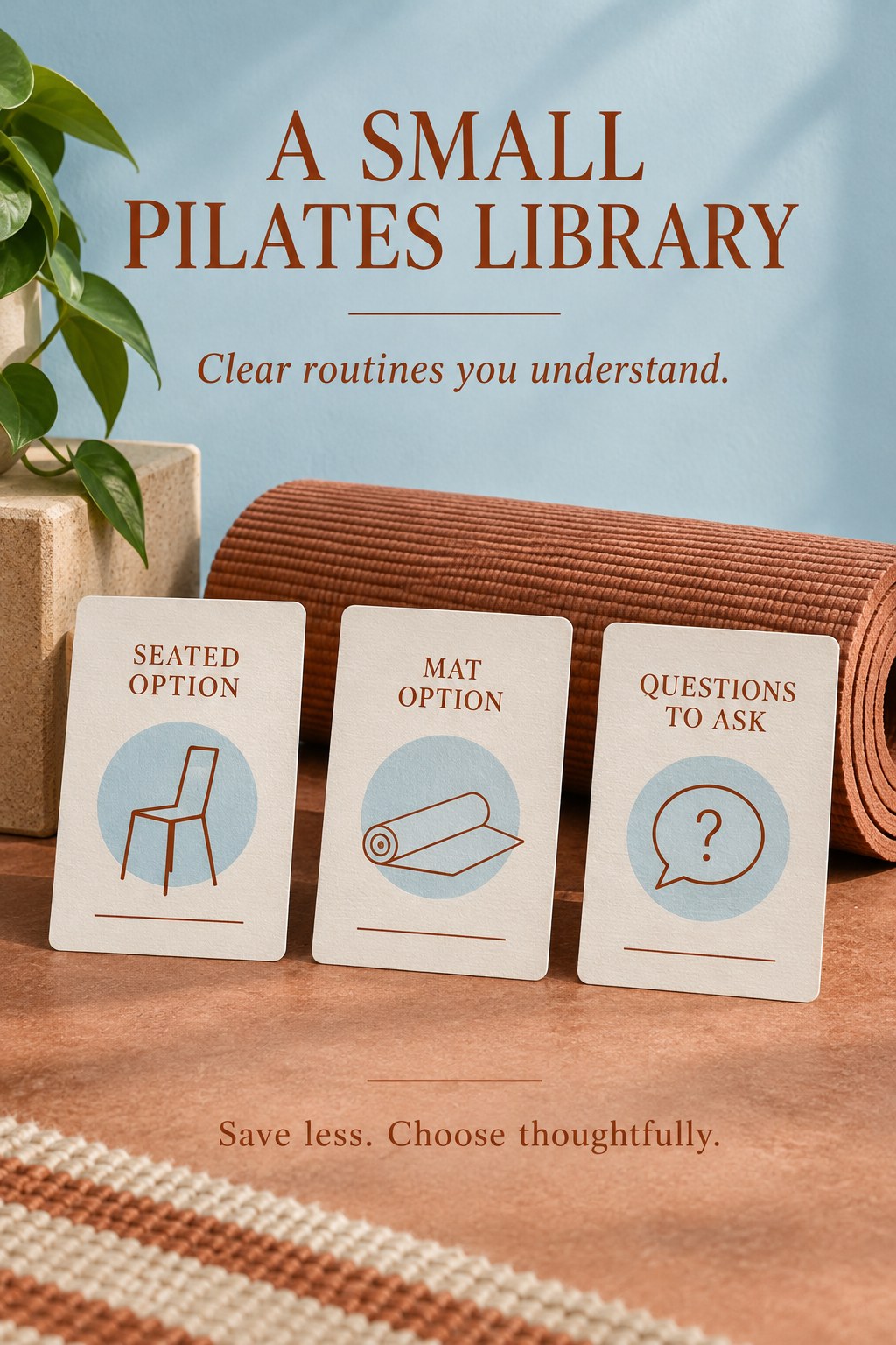 Three labeled Pilates routine cards on a desk beside a tablet and rolled mat.
