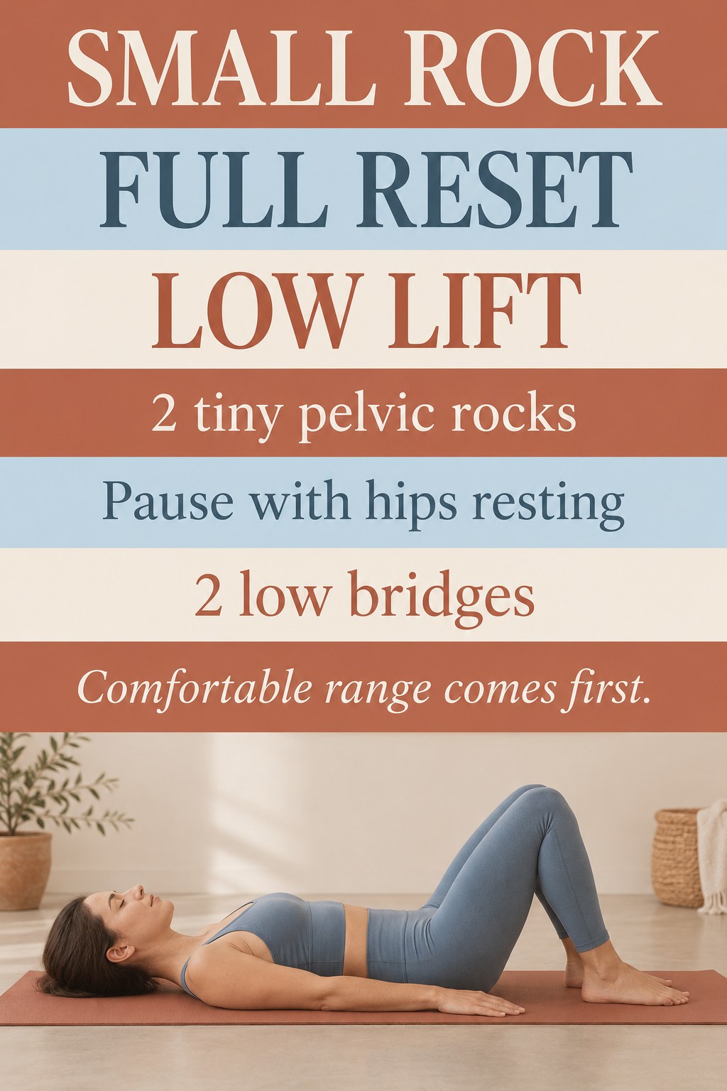Adult lying comfortably on a Pilates mat with knees bent, feet flat, and hips resting.