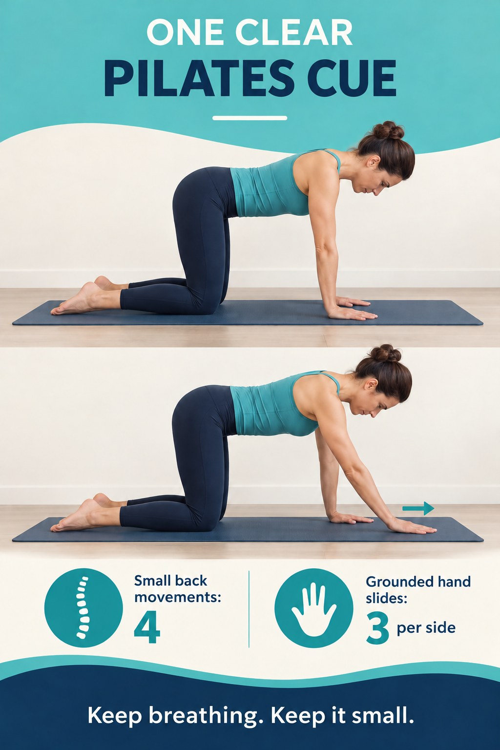 Adult on hands and knees slides one hand slightly forward along a mat while maintaining a steady trunk.