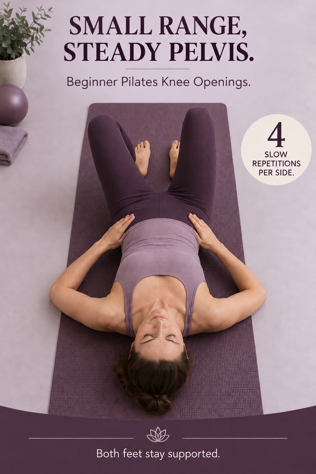 Adult rests on a mat with bent knees and one knee opened slightly sideways while both feet stay supported.