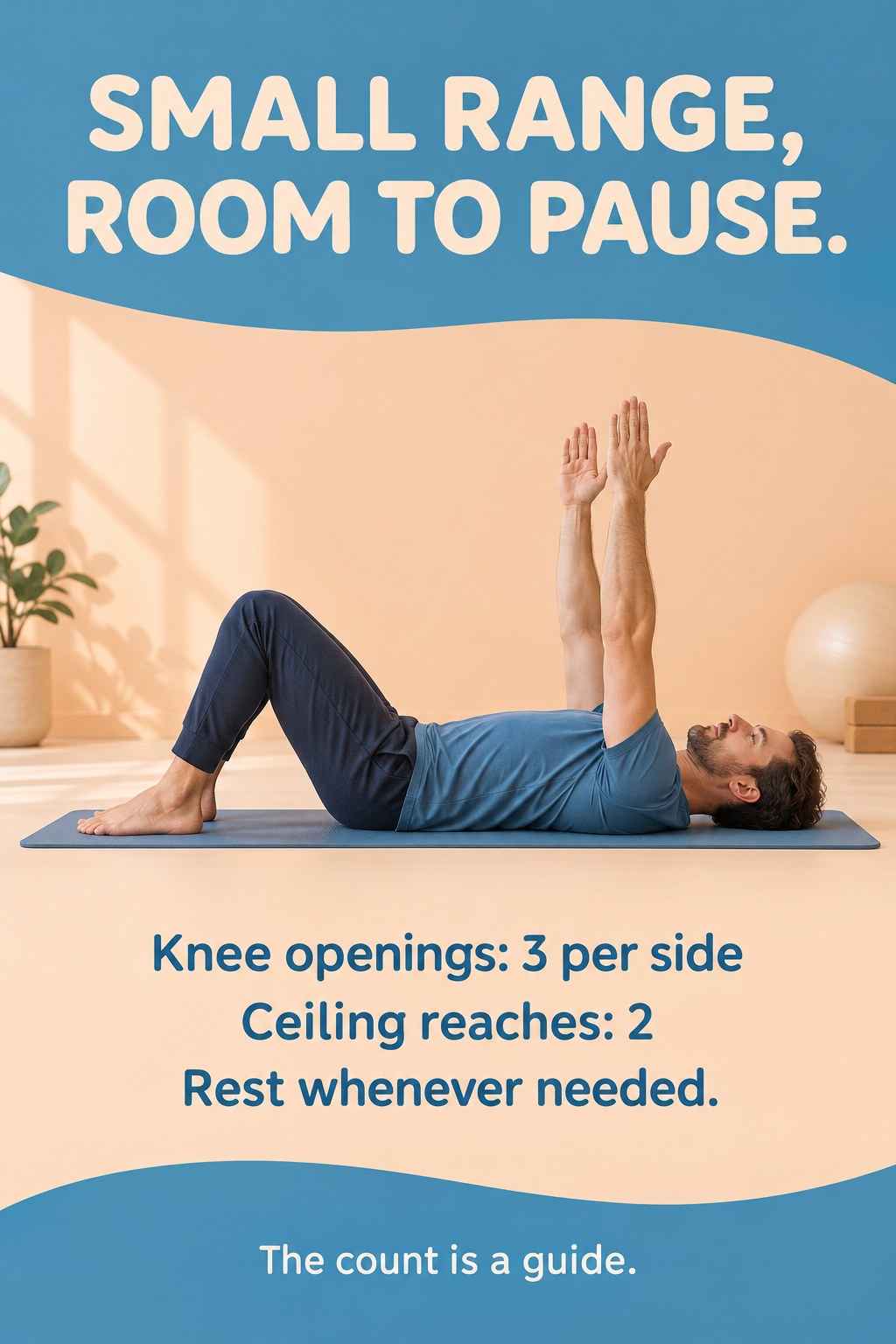 Adult resting supine on a mat with feet grounded and arms reaching comfortably upward.