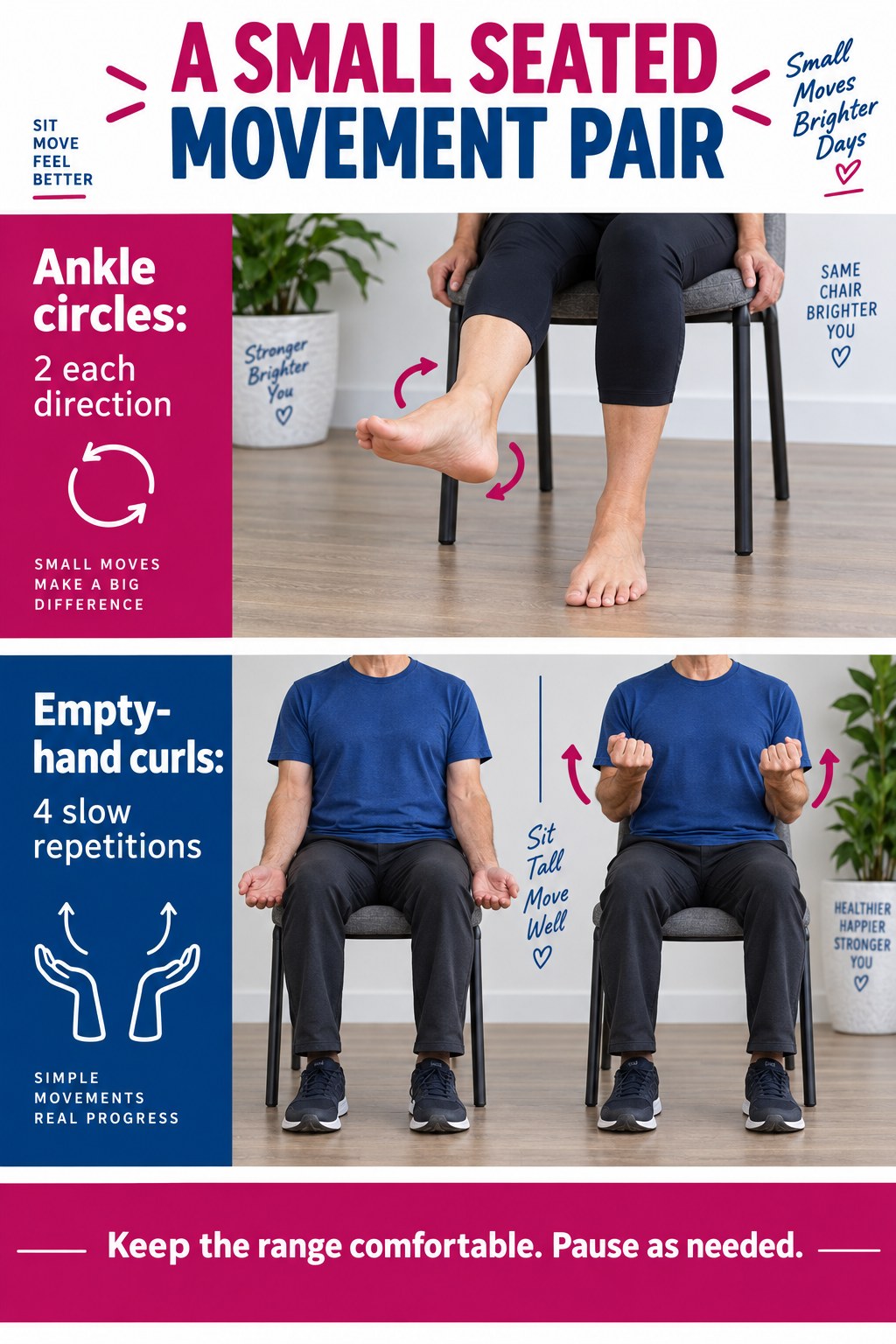 Seated ankle circles and empty-hand elbow curls appear in raspberry and navy instructional photo bands.