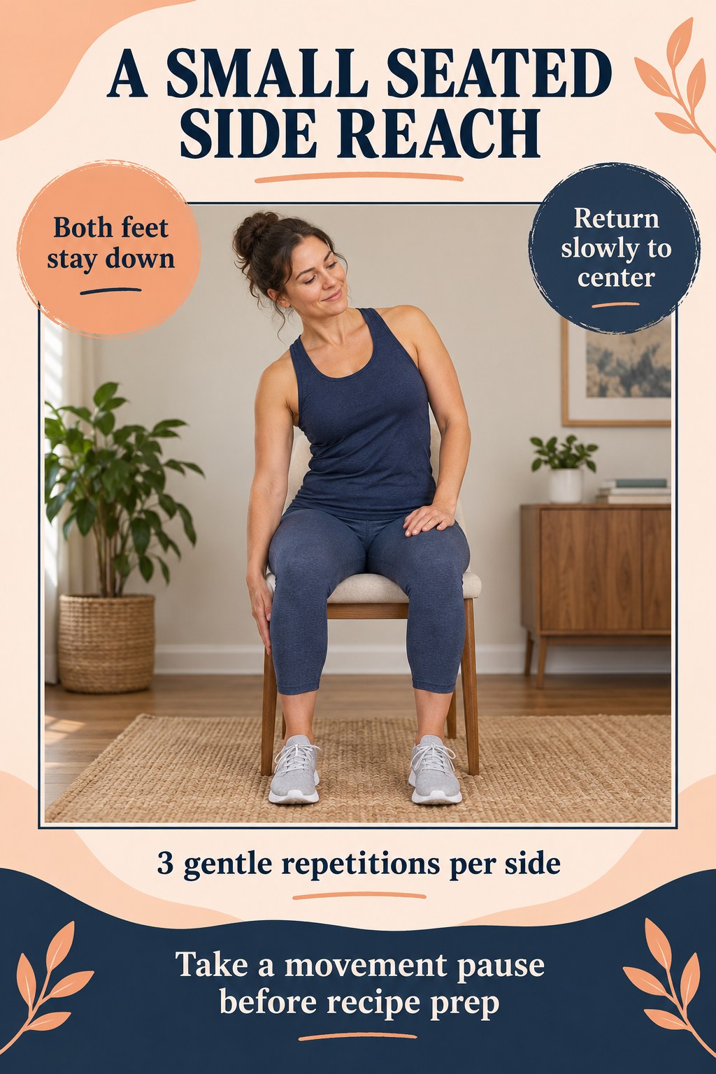 Seated woman gently reaches one hand down her outer thigh while both feet remain grounded in a peach and navy fitness poster.