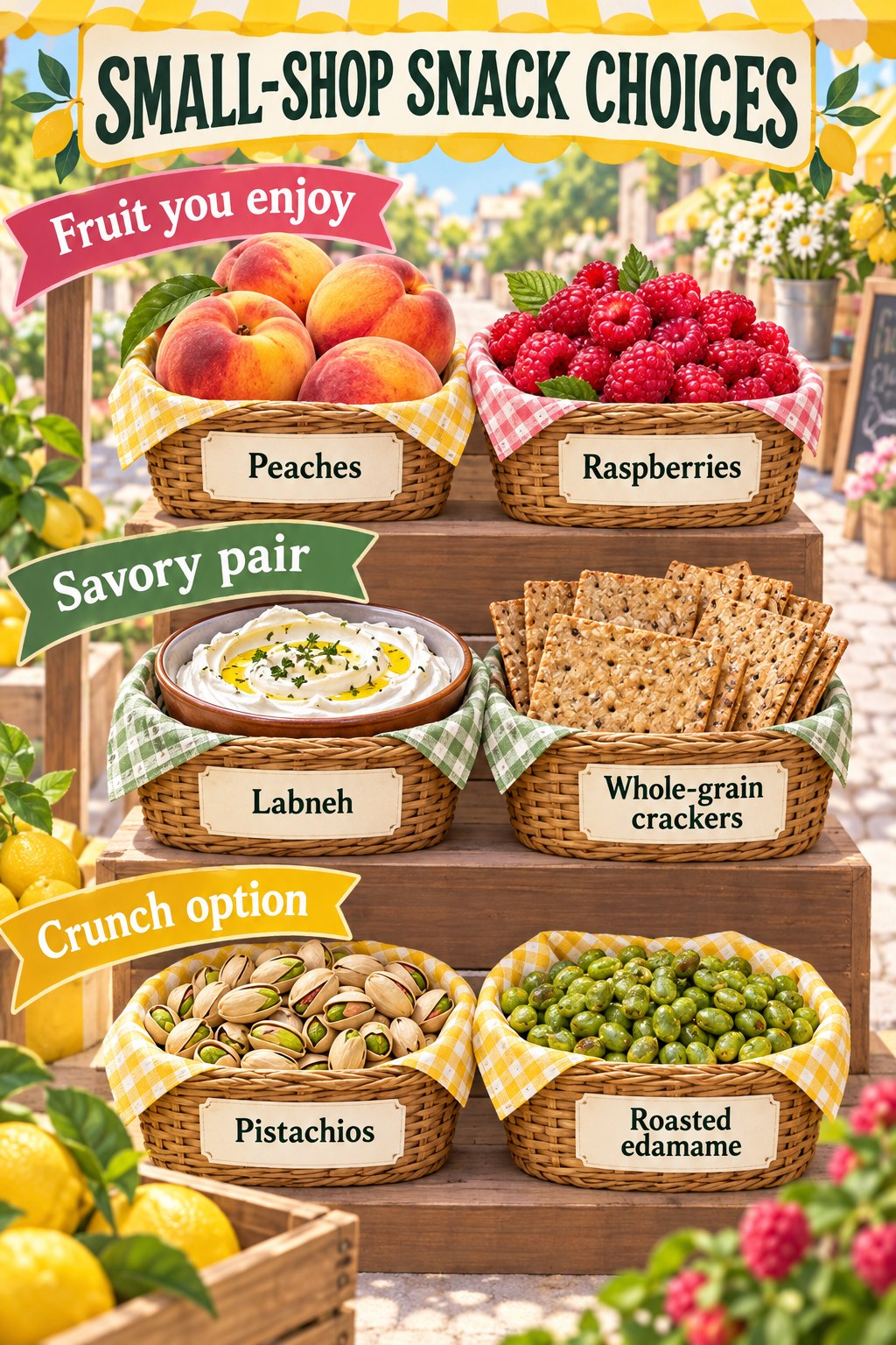 Yellow and raspberry market baskets listing peaches, raspberries, labneh, whole-grain crackers, pistachios and roasted edamame.
