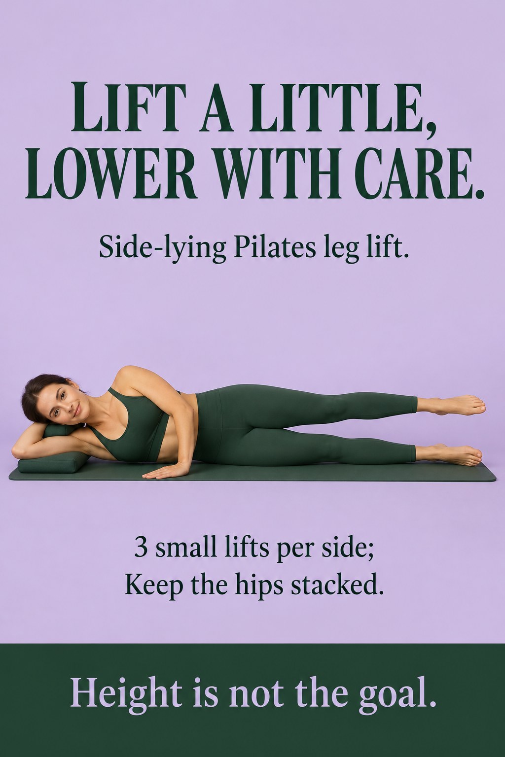 Adult lying on one side on a mat with straight stacked legs and the upper leg lifted a small distance.
