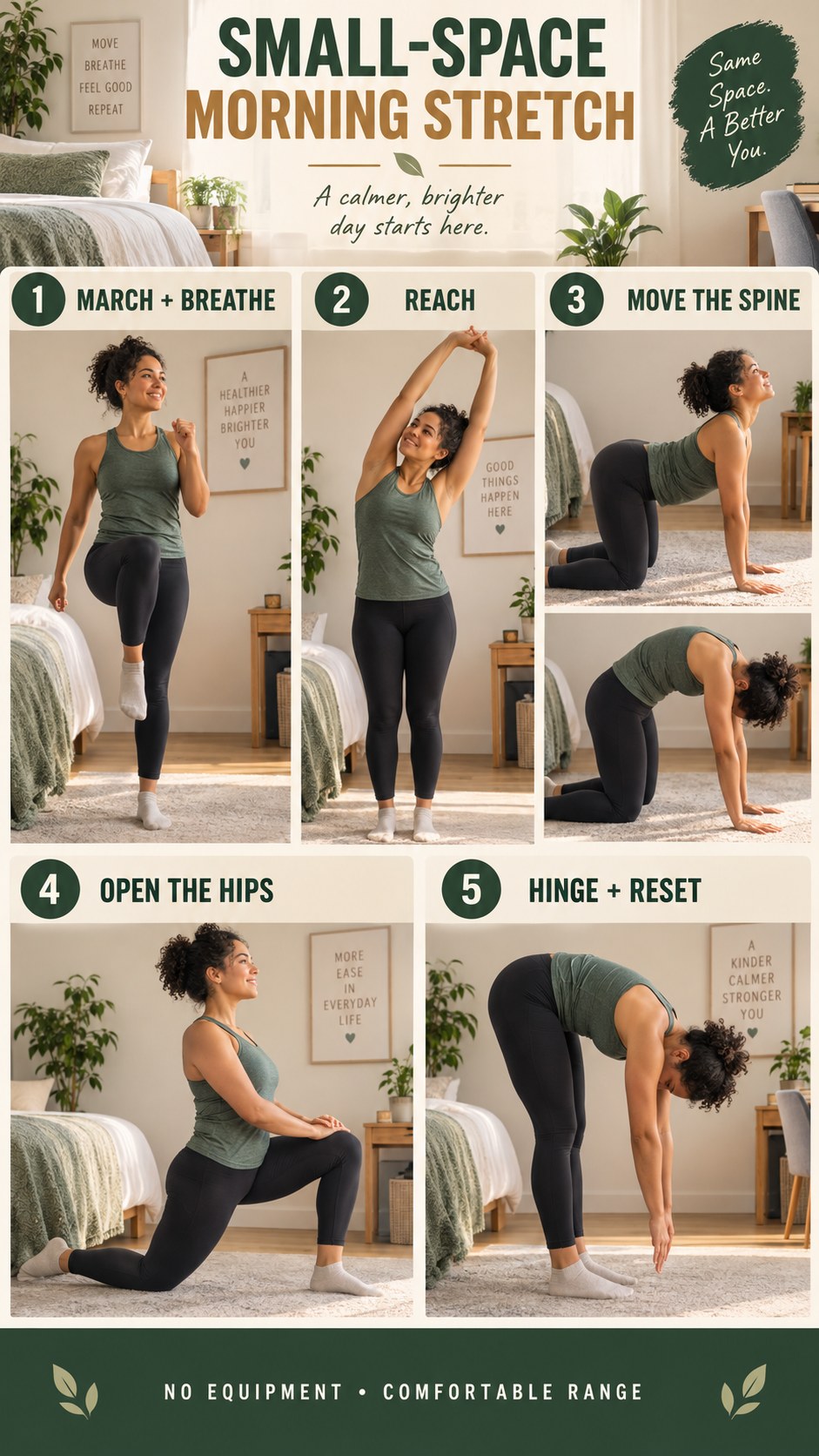 Portrait infographic showing a no-equipment morning stretch routine for a small home space