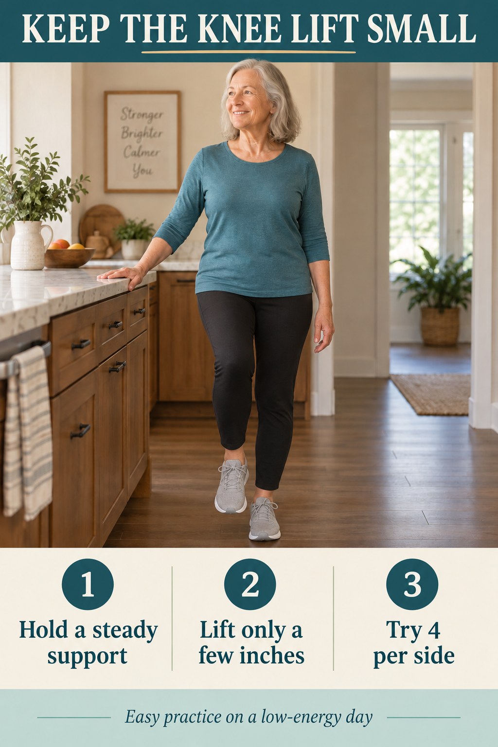 Older woman holds a fixed counter while lifting one foot only slightly, with clear cues to keep the knee lift small.