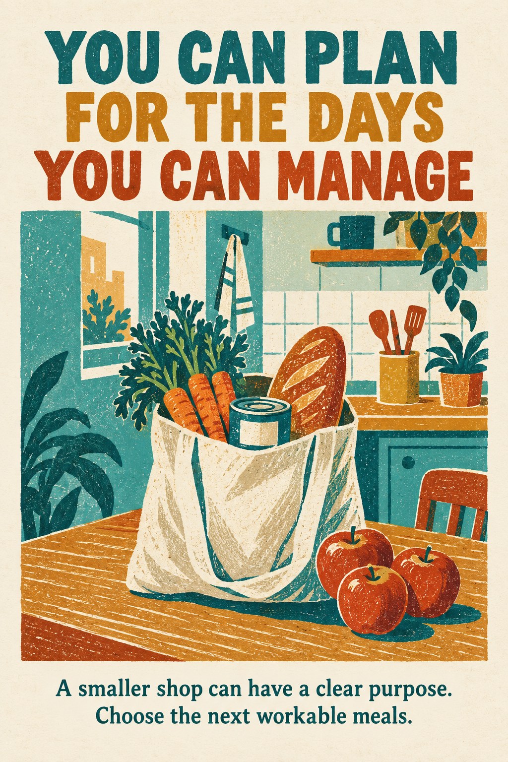 Small reusable grocery bag with a few ingredients beside encouragement to plan only the days that are manageable.