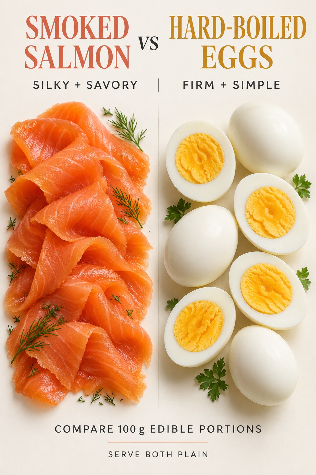 Smoked salmon slices and peeled hard-boiled eggs in equal savory snack portions on separate plates.