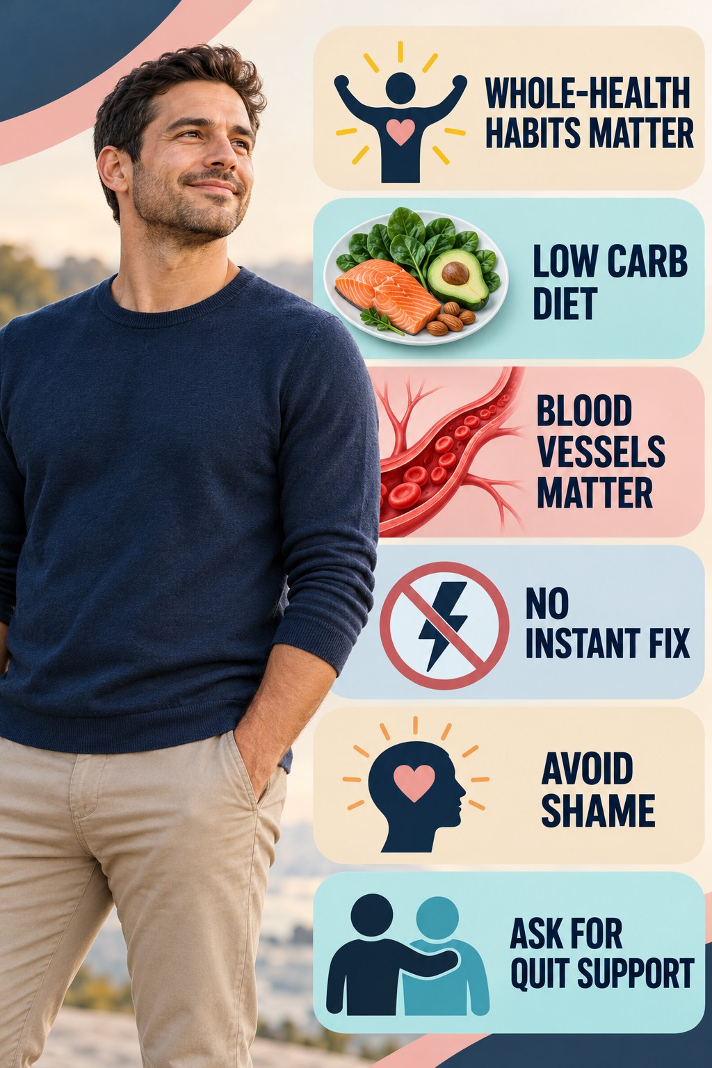 Smoking and Sexual Function Need Honest Context infographic for Low Carb Diet with four concise, non-shaming sexual-health education points.