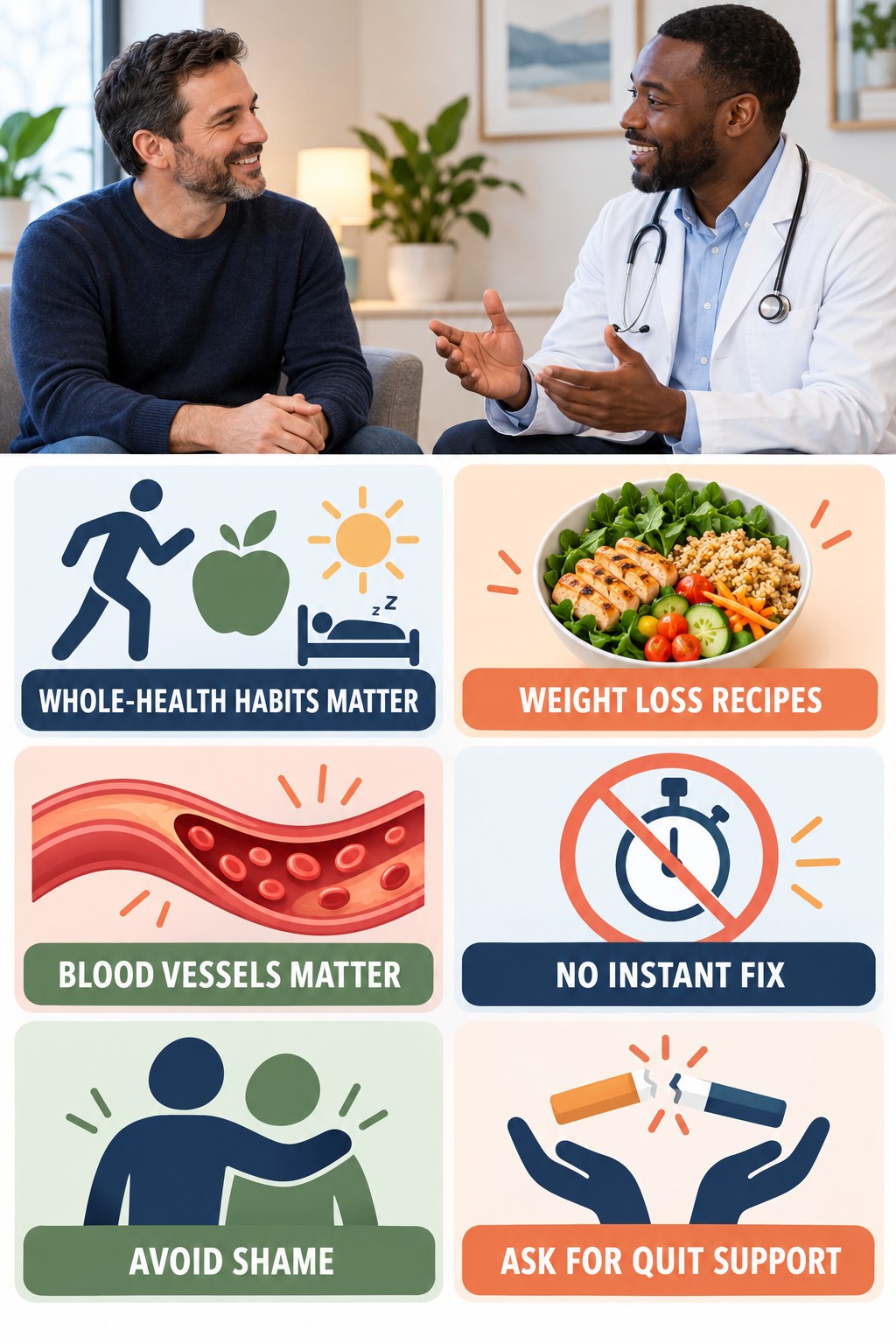 Smoking and Sexual Function Need Honest Context infographic for Weight Loss Recipes with four concise, non-shaming sexual-health education points.