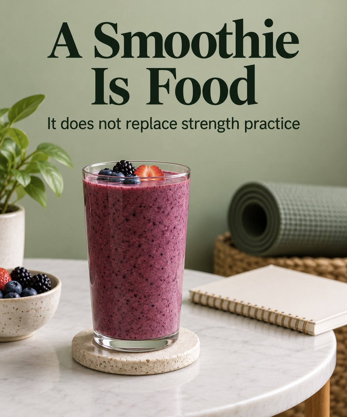 Berry smoothie and separate exercise notebook with a headline explaining the drink's role.