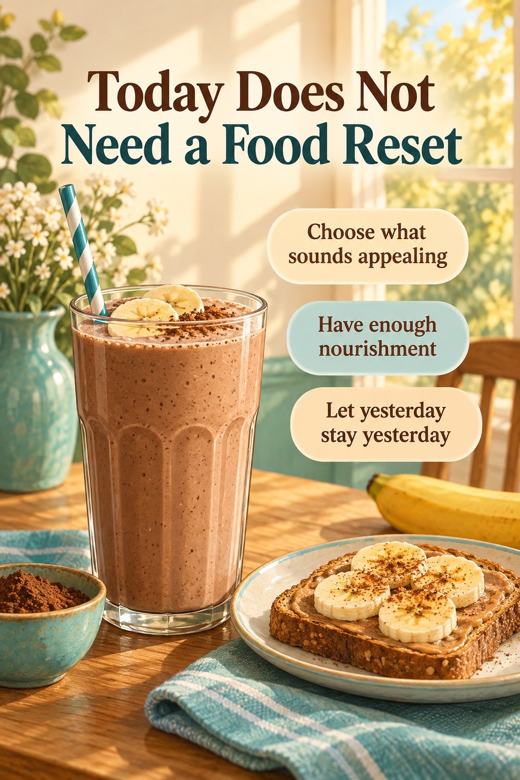 Banana cocoa smoothie with breakfast foods nearby and text about beginning today with nourishment rather than compensation.