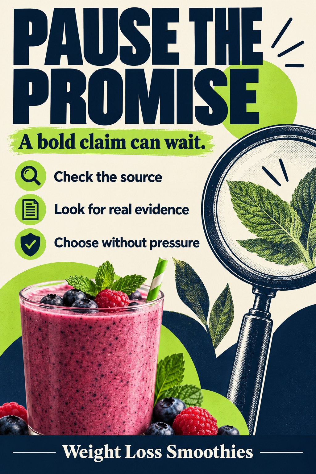 Editorial collage of a smoothie glass and magnifying glass beside a message to check bold promises