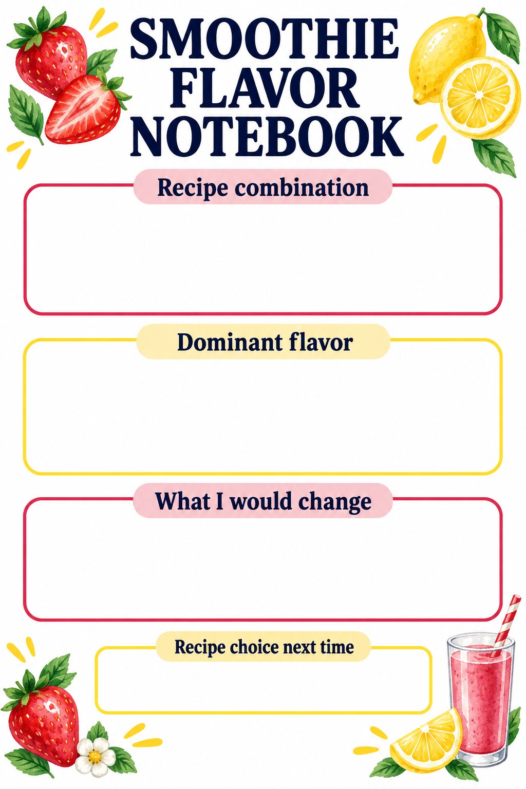 Three blank smoothie flavor cards with combination, dominant flavor, missing flavor, and next recipe choice.