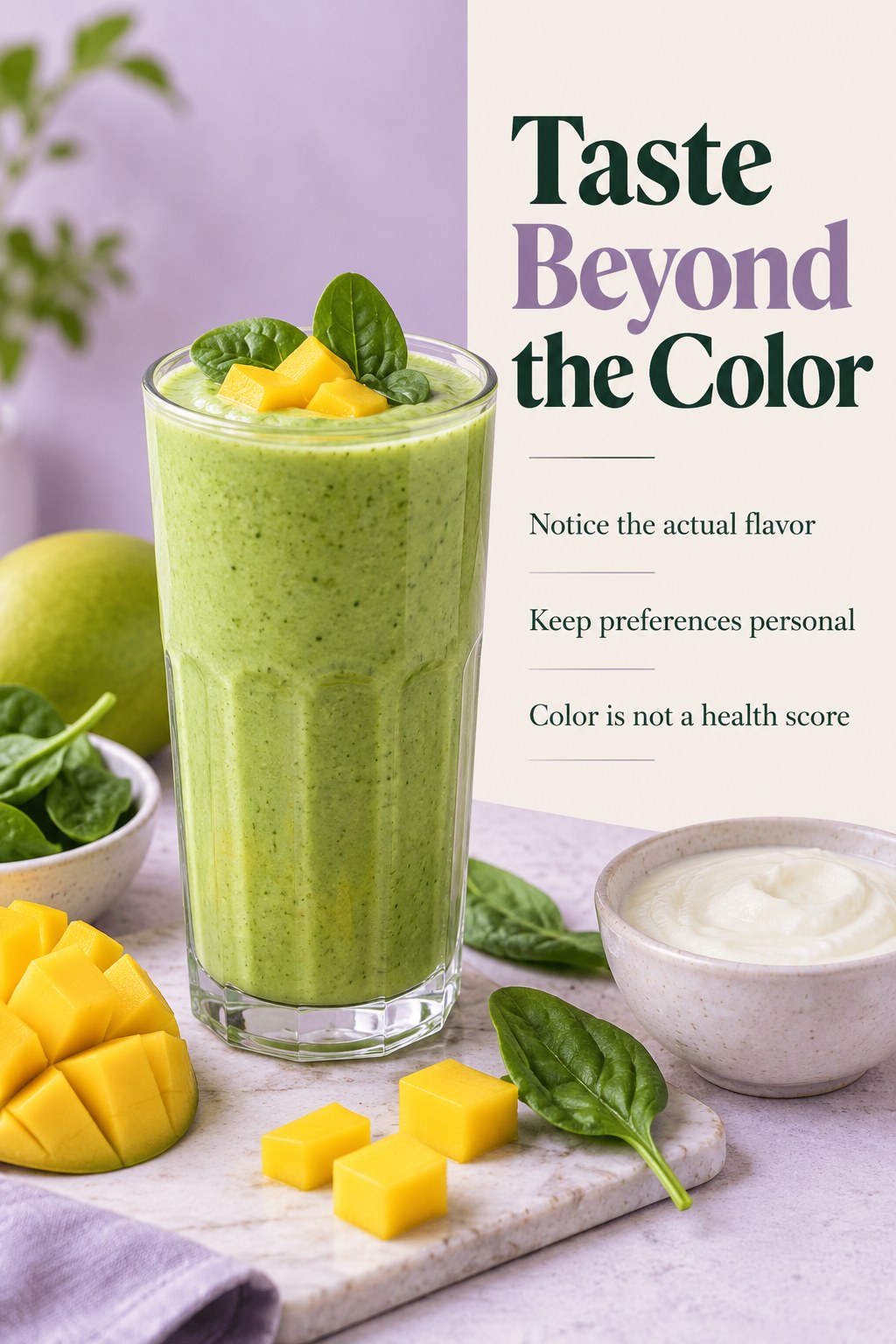 Green mango and spinach smoothie beside mango pieces with a headline inviting attention beyond color.