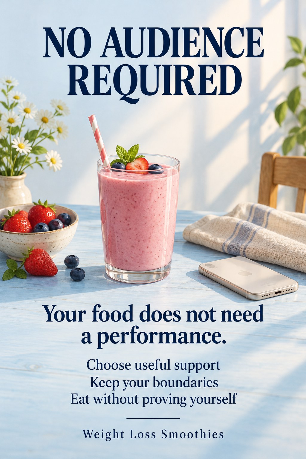 Pink smoothie on a peaceful blue table beside a face-down phone and a message that food needs no audience