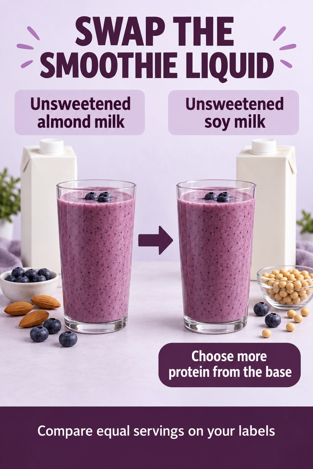 Berry smoothies made with unsweetened almond milk and unsweetened soy milk compared for protein from the liquid base.