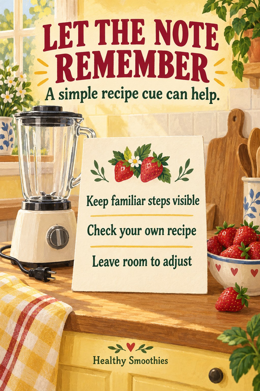 Illustrated blender beside a large three-step smoothie recipe card on a sunny kitchen counter