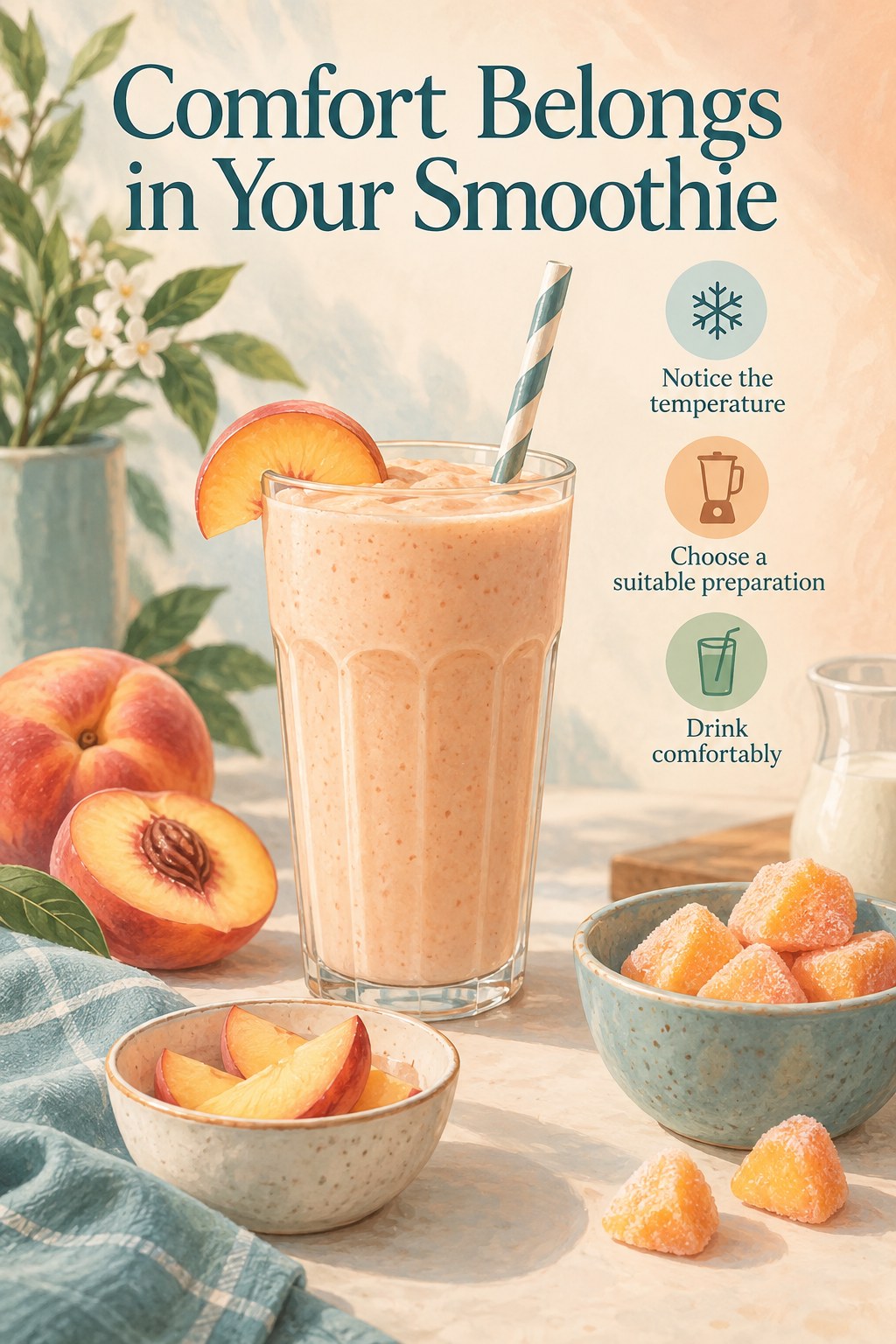 Peach yogurt smoothie with fresh and frozen peach pieces and text about choosing a comfortable drinking temperature.