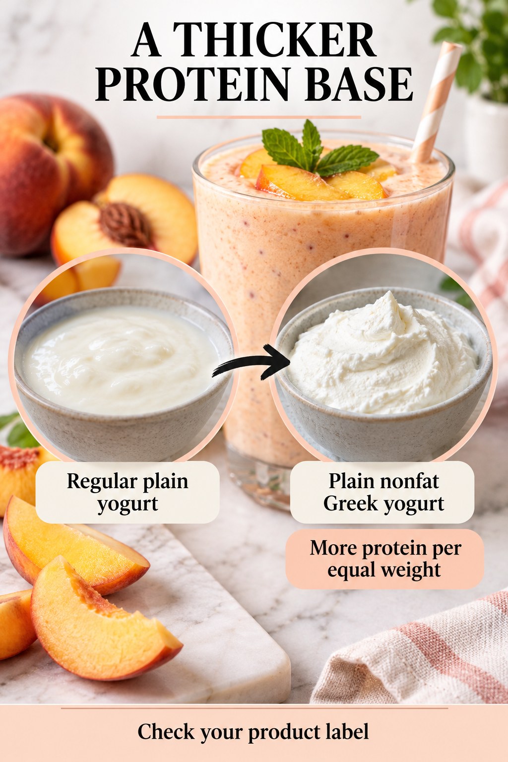 Regular plain yogurt compared with thick plain nonfat Greek yogurt in a peach smoothie protein-base infographic.