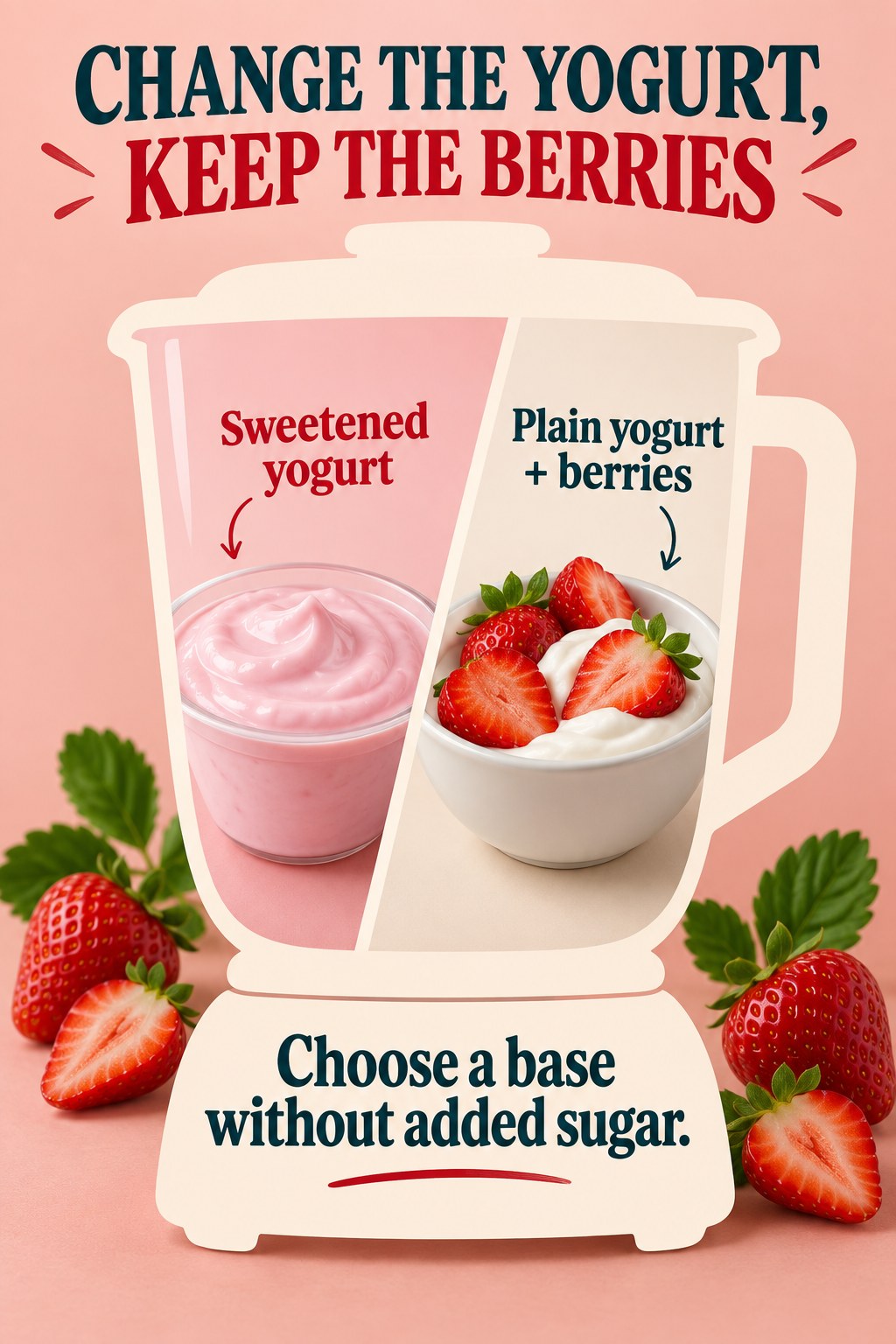 A blender-shaped pink graphic compares sweetened yogurt with plain yogurt and strawberries for a smoothie base.