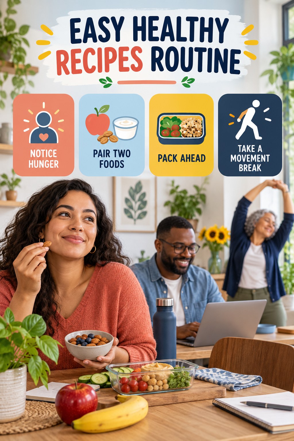 Snack and Workday Wellness for Easy Healthy Recipes with four readable routine cues and a realistic board-relevant wellness scene.